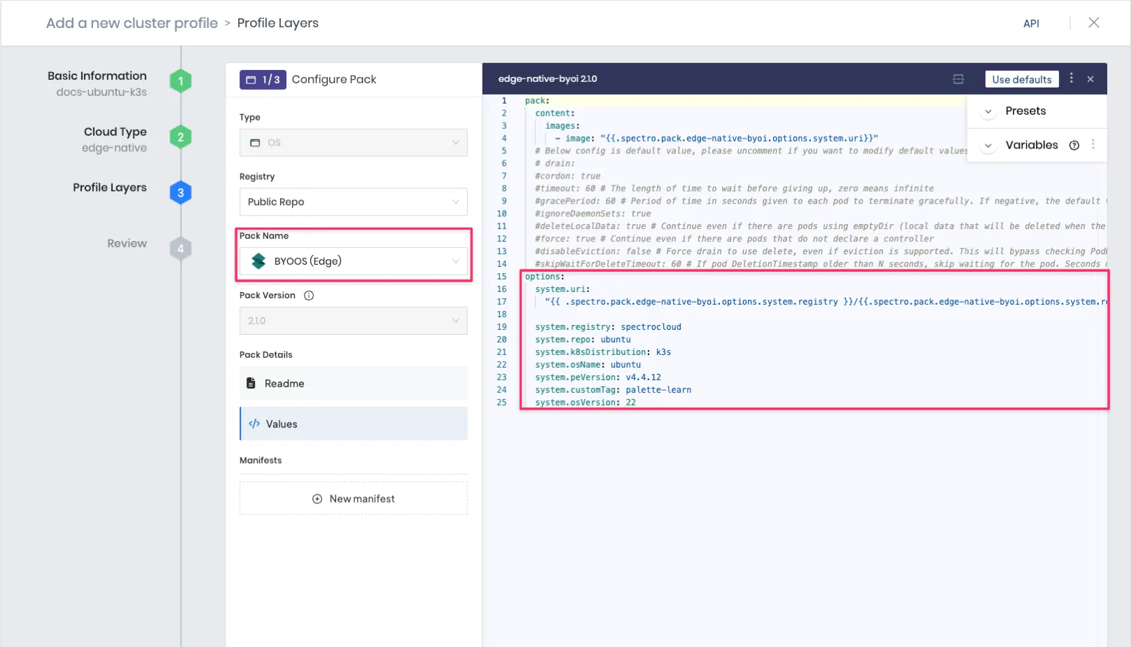 Screenshot of a sample cluster profile's OS layer 