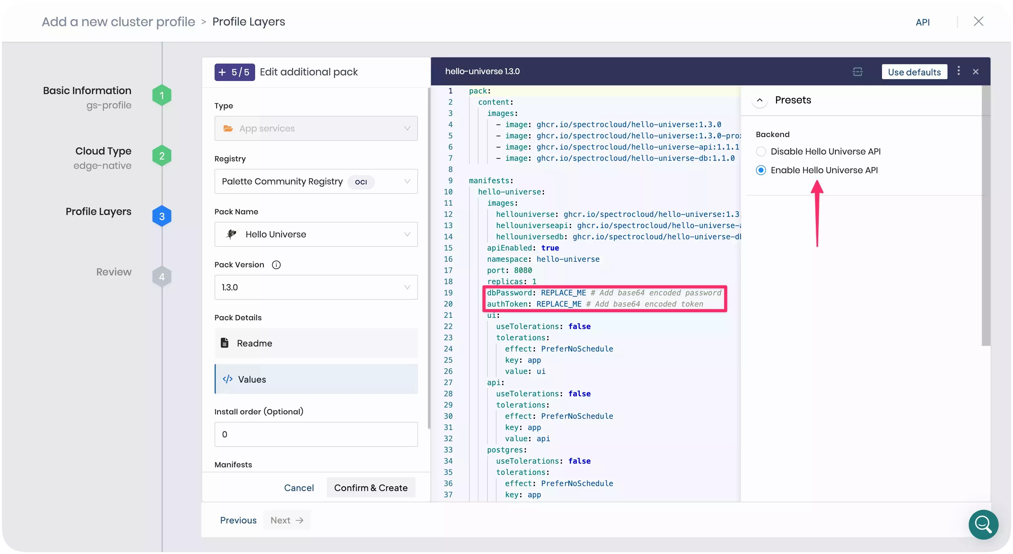 A screenshot of the cluster profile creation step with the Hello Universe layer.
