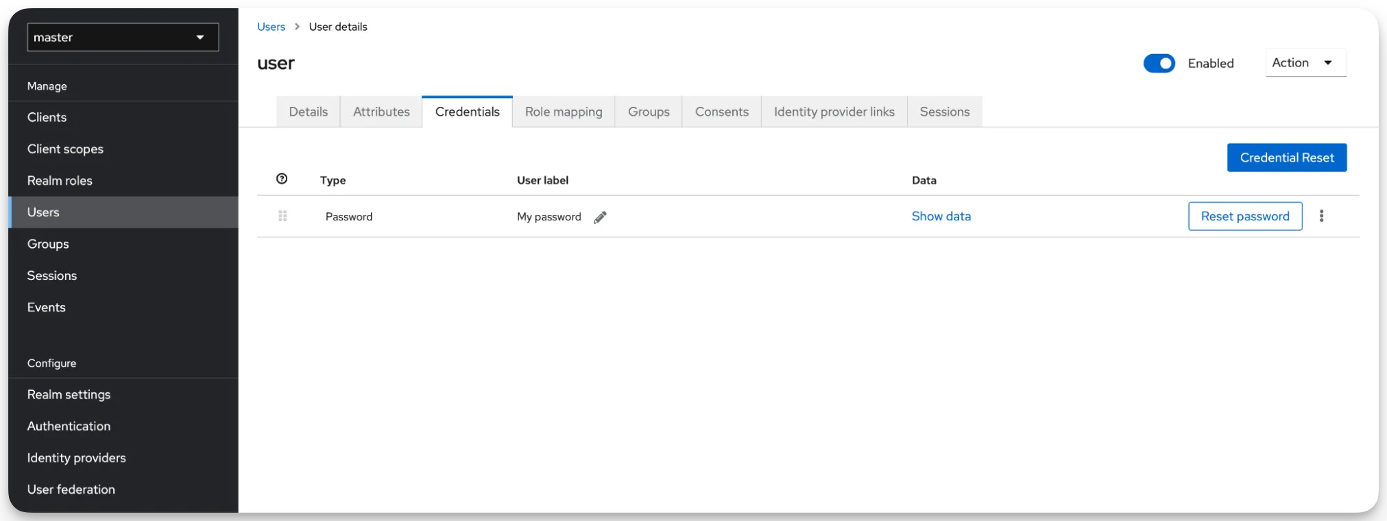 Keycloak's management portal with the User view in focus that lists all current users